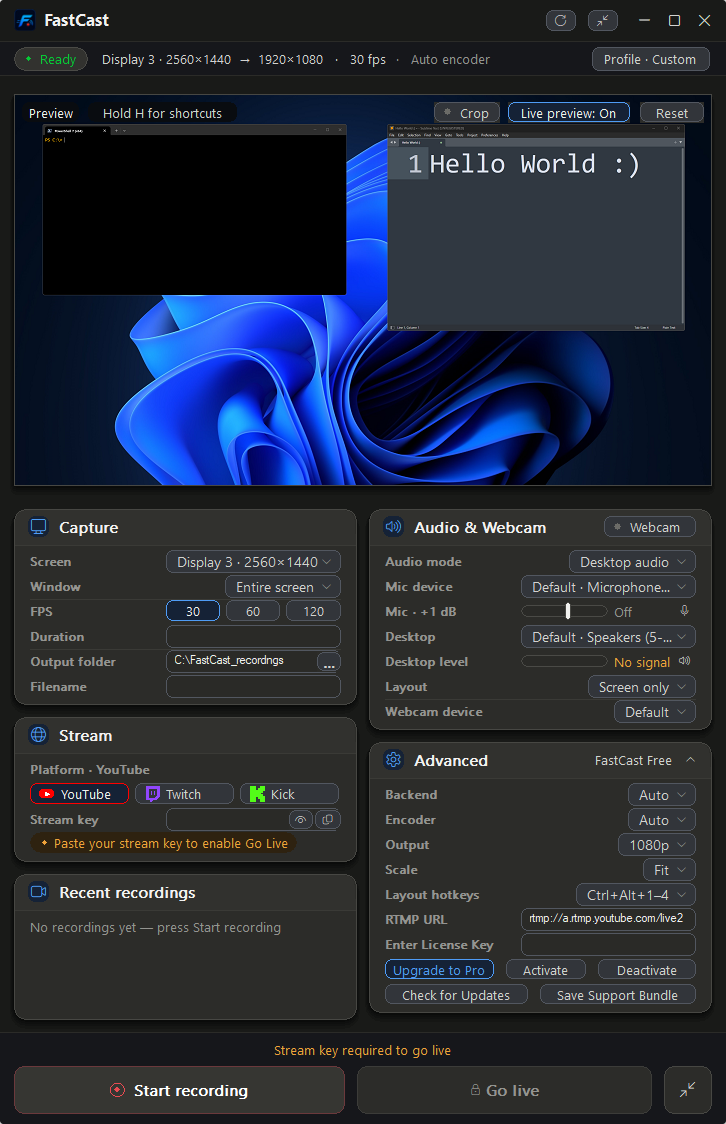 FastCast detailed view with capture, audio and webcam, stream, and advanced encoder panels