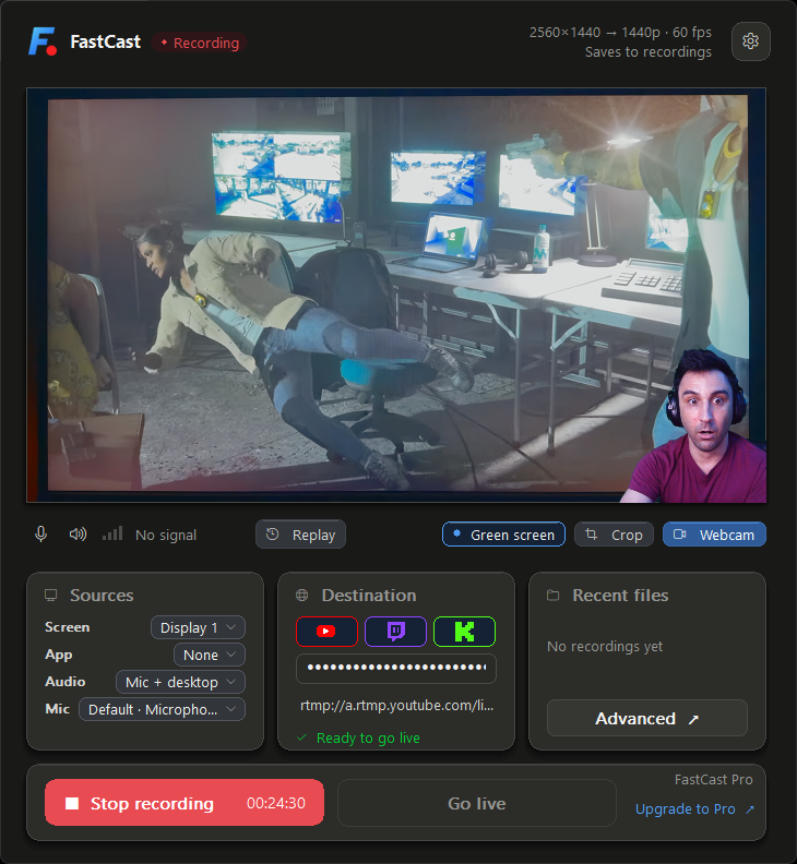 FastCast recording a game at 1440p60 with a green-screened webcam in the corner